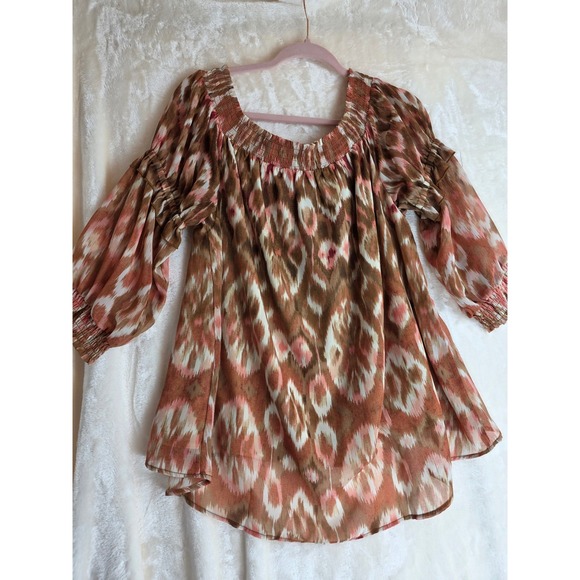Shyanne‎ Off The Shoulder Smocked Neck Boho Print Blouse Top Size L - Picture 6 of 6